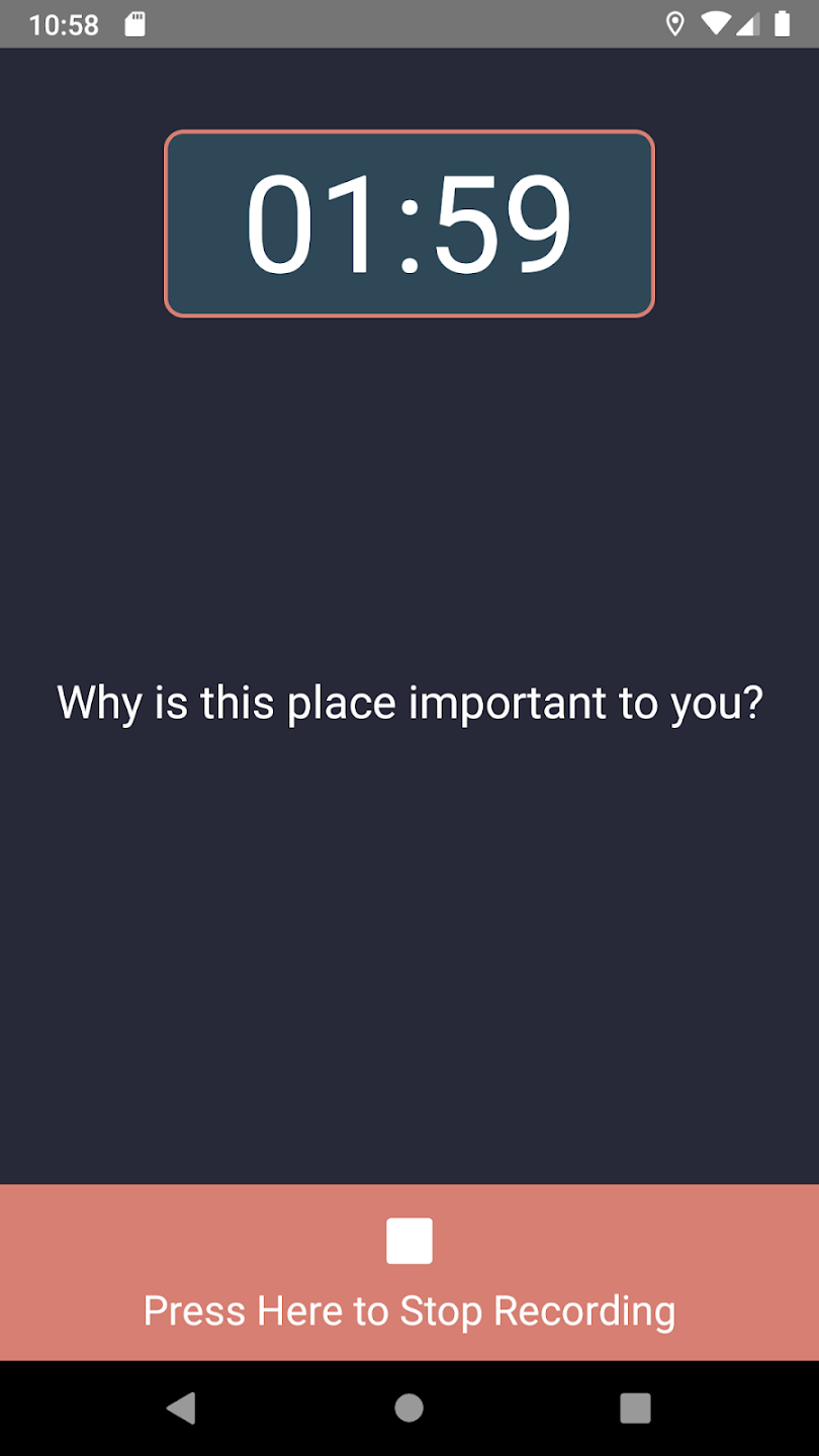 A screenshot of an app with a countdown timer that contains the prompt 'Why is this place important to you?'